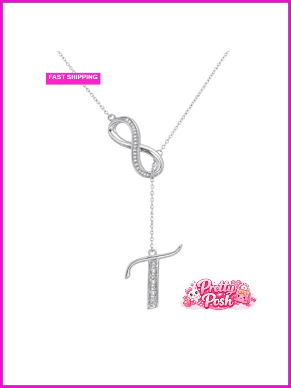 Diamond Infinity Lariat Necklace in 925 Sterling Silver, Personalized Letter